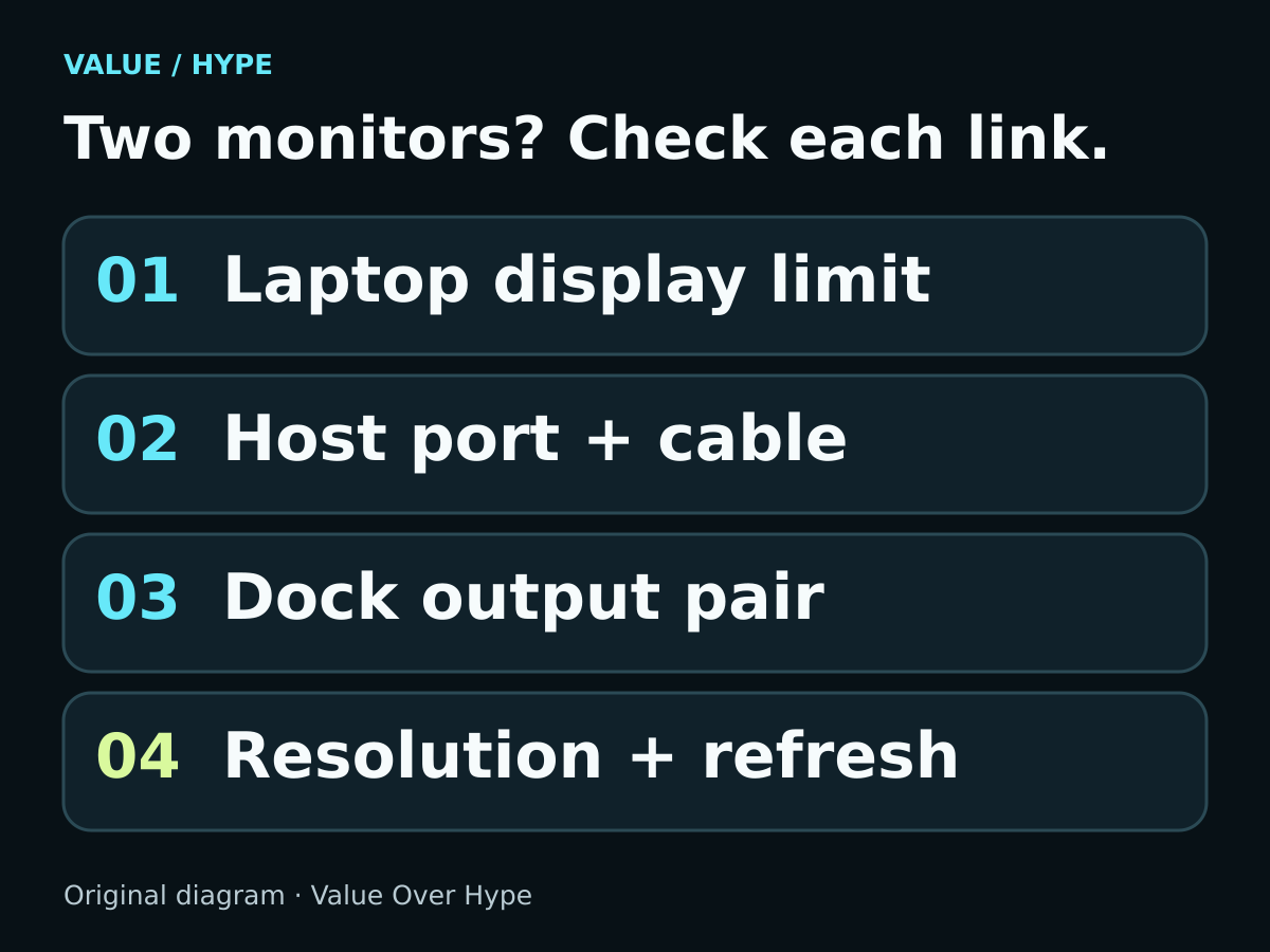 Four checks for two external monitors: laptop display limit, host port and cable, dock output combination, and both monitors’ resolution and refresh rate.