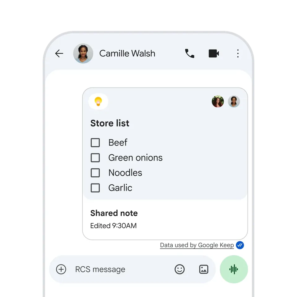 Google Messages conversation showing a shared Google Keep shopping list