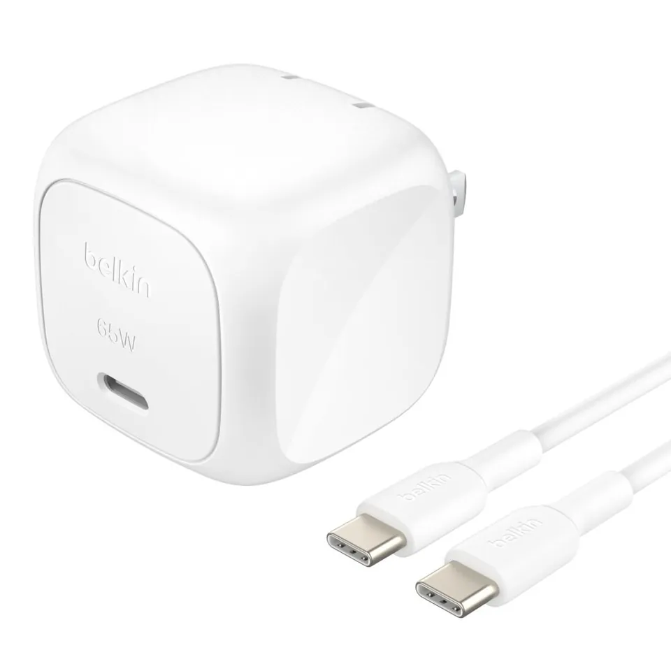 White Belkin BoostCharge 65W USB-C wall charger and USB-C to USB-C cable
