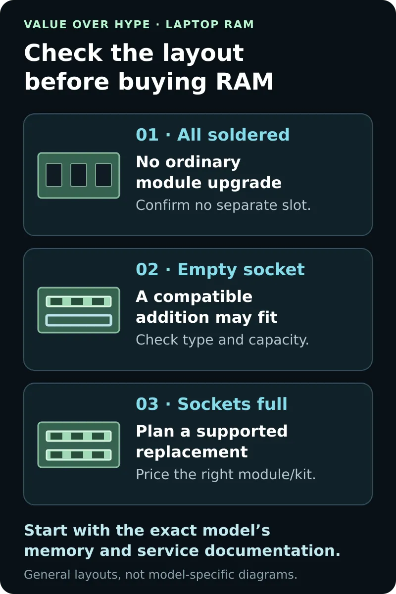 Three memory layouts: soldered memory without slots means no ordinary module upgrade; an empty supported socket may allow an addition; occupied replaceable sockets require a replacement plan.