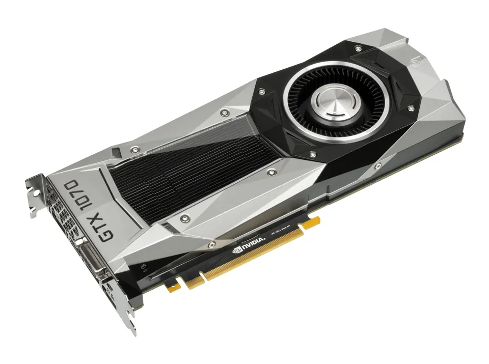 Silver and black NVIDIA GeForce GTX 1070 Founders Edition graphics card, with its PCIe edge connector visible.