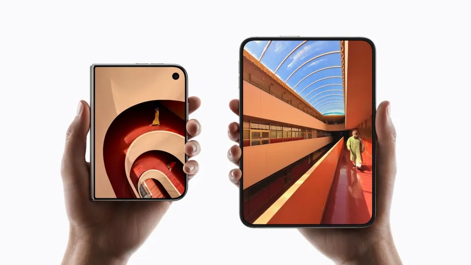 Apple promotional image of iPhone Duo held folded and unfolded to show both display sizes