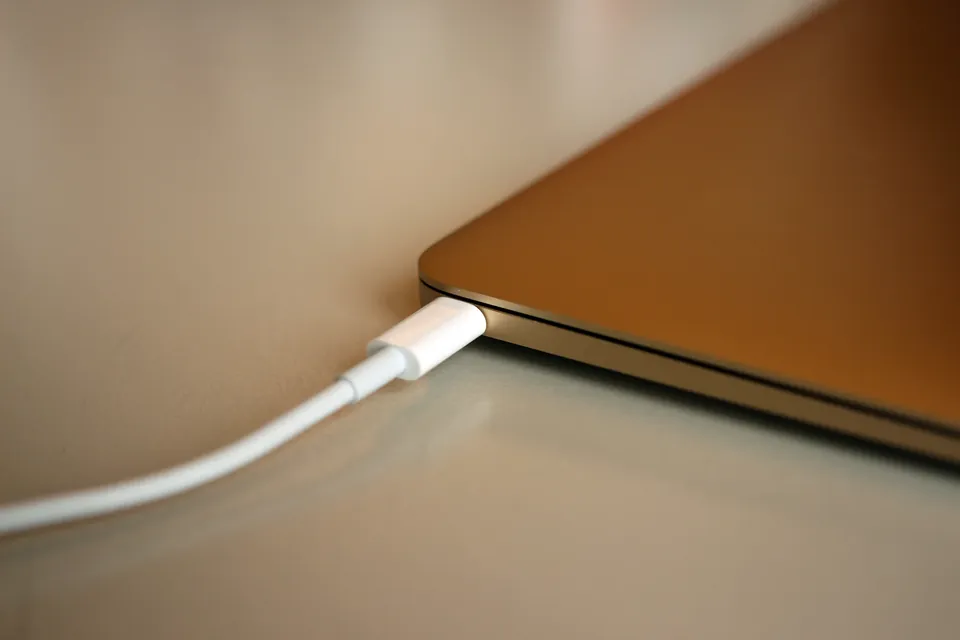 White USB-C cable connected to a gold 2015 Apple MacBook.