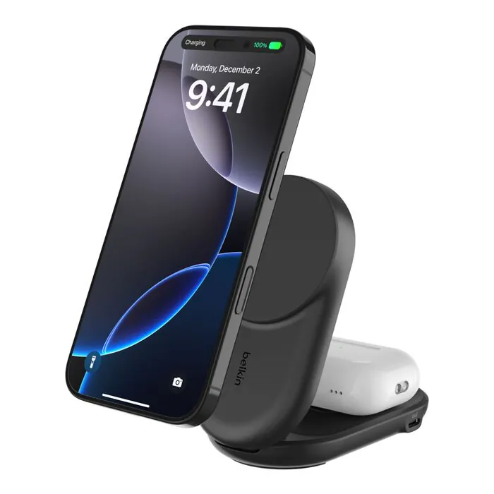 Belkin wireless charging accessory illustrating a desk charging setup