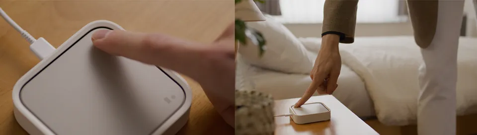 Two views of a person pressing the button on a white Samsung SmartThings Station hub