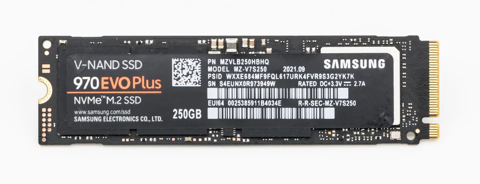 Samsung 970 EVO Plus 250GB M.2 NVMe SSD with its model and interface printed on the label.